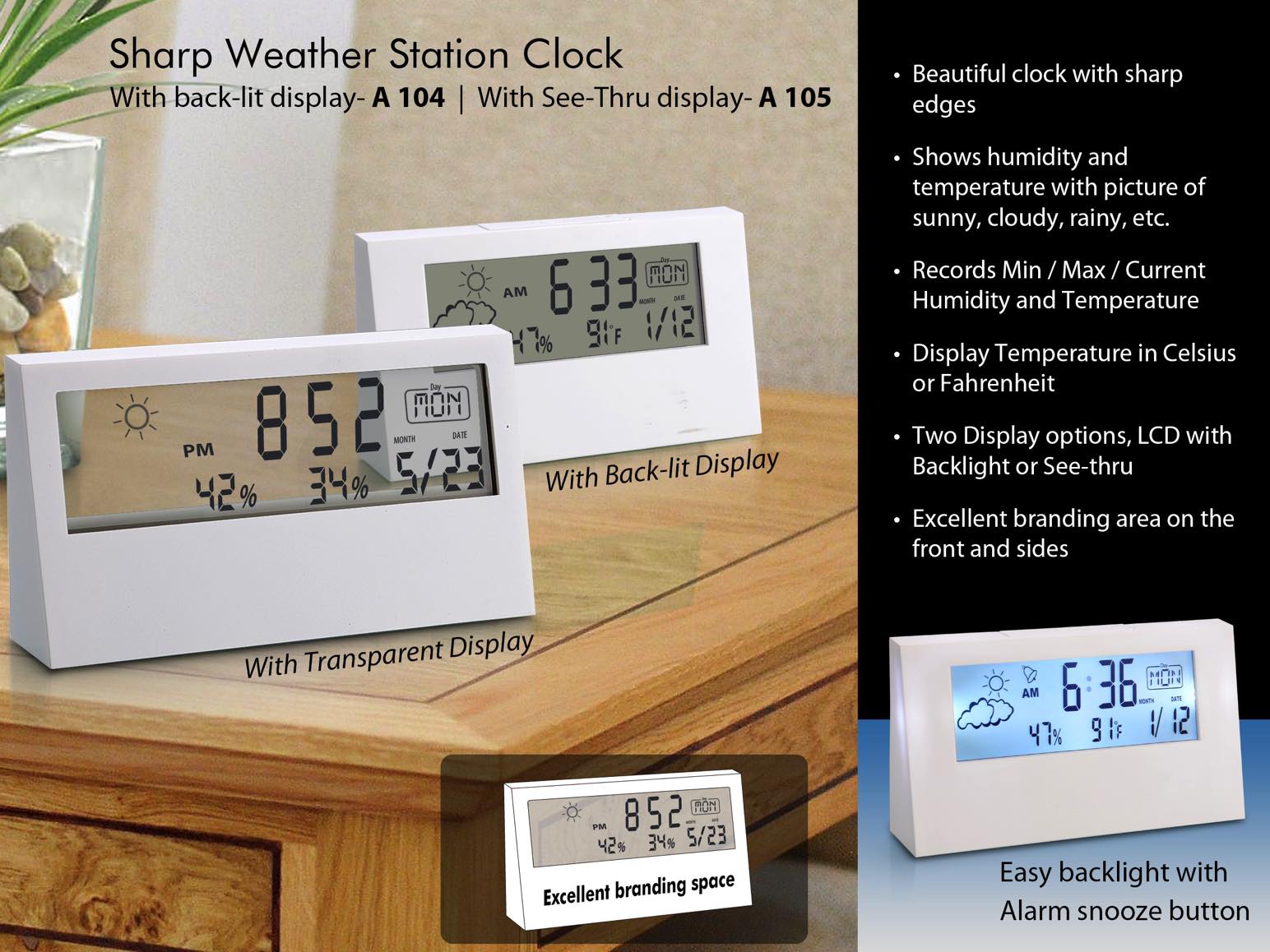 Sharp weather station clock with see-thru display