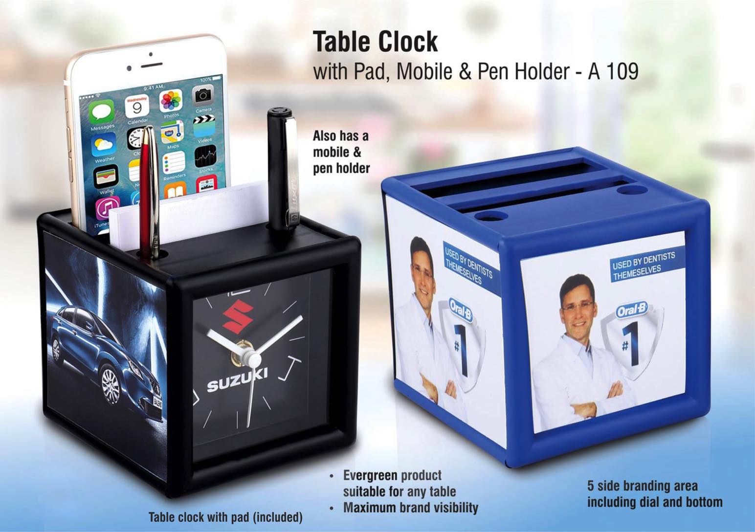 Table clock with pad and mobile holder | With Writing pad | 4
Side branding area | Branding included MOQ 300 pc