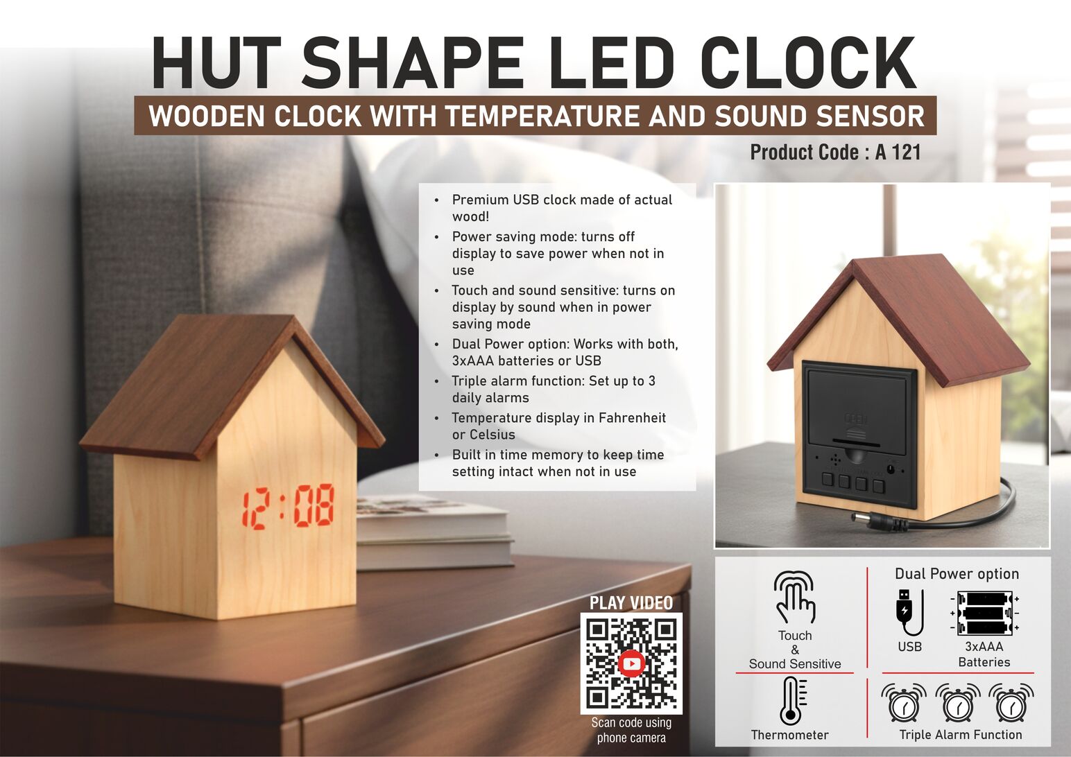 Hut shape wooden LED clock with temperature and sound
sensor | Dual power (Battery / USB) -
https://youtu.be/Llt7EBwLGu0