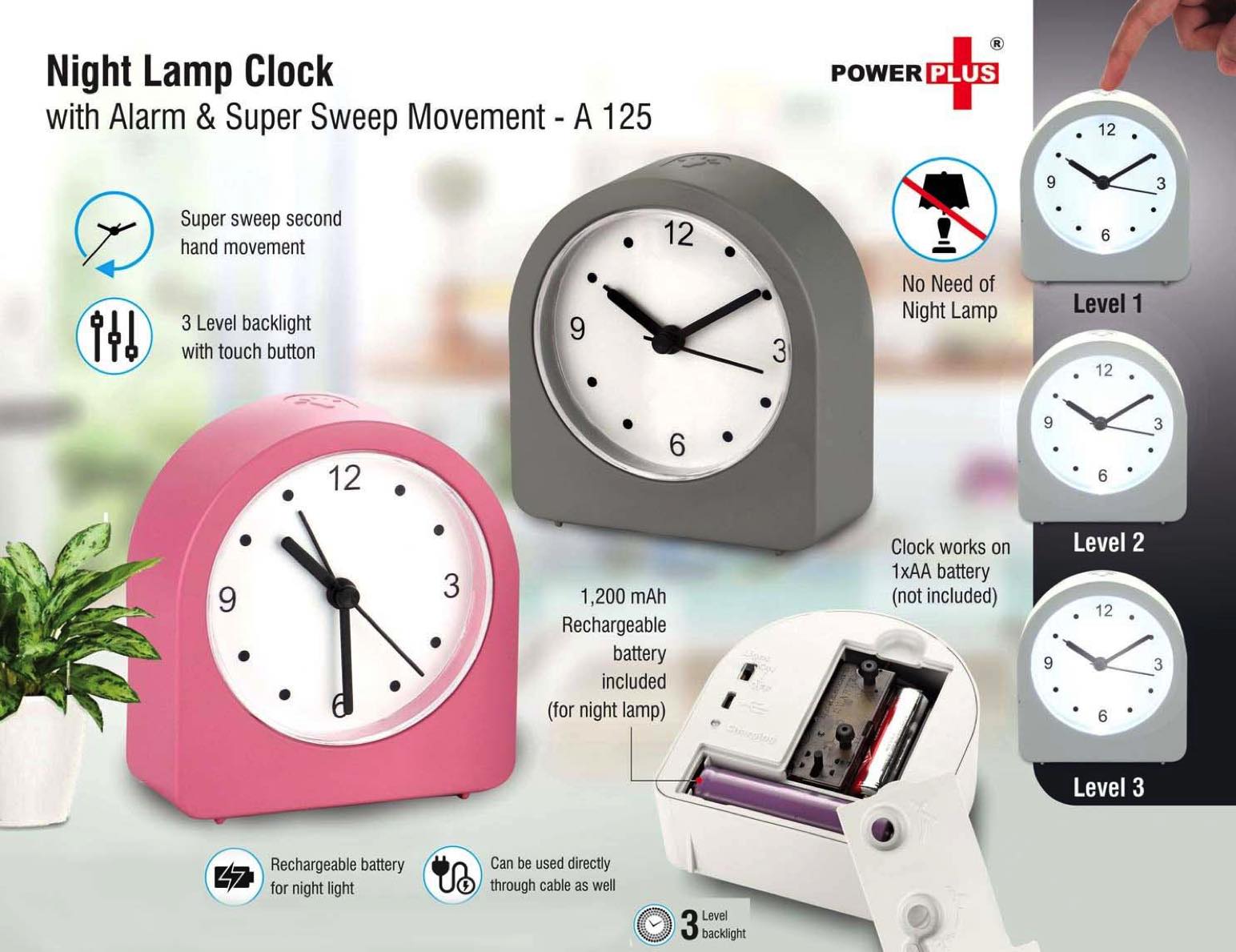 Night lamp clock with Alarm and Super Sweep movement |
Rechargeable Lamp | 3 Level backlight -
https://youtu.be/KYSoAGd5mgY