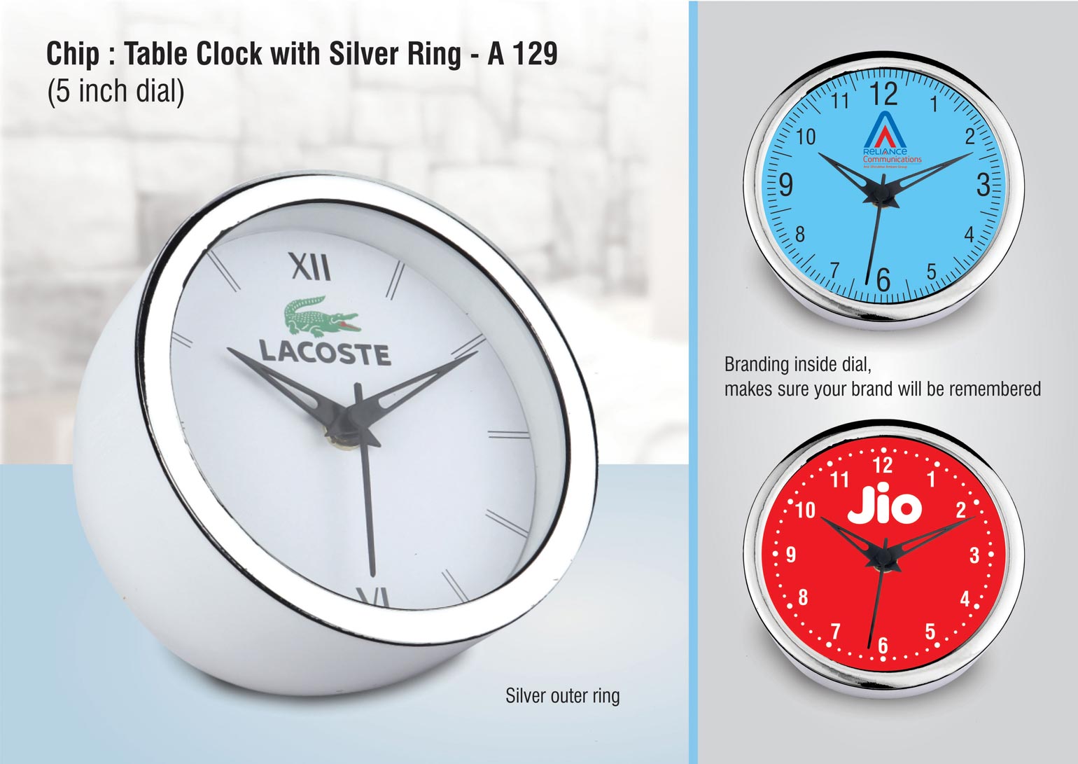 Chip: Table clock with Silver ring | 5 inch dial | Branding included
MOQ 300 pc