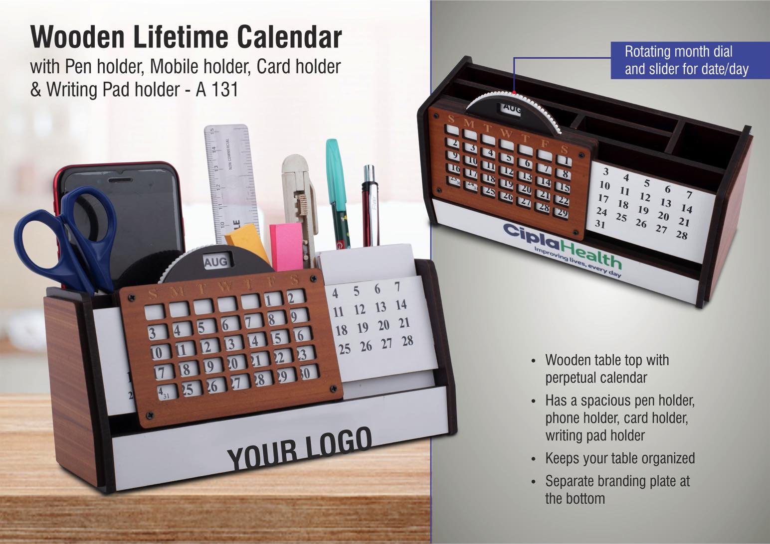 Wooden Lifetime calendar with Pen holder, Mobile holder, Card
holder and Writing Pad holder | Branding included MOQ 100pc