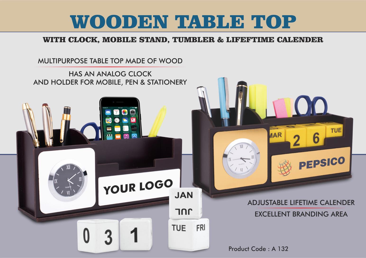 Wooden Table top with Clock, mobile stand, tumbler, and
Lifetime Calendar | Branding included MOQ 100 pcs