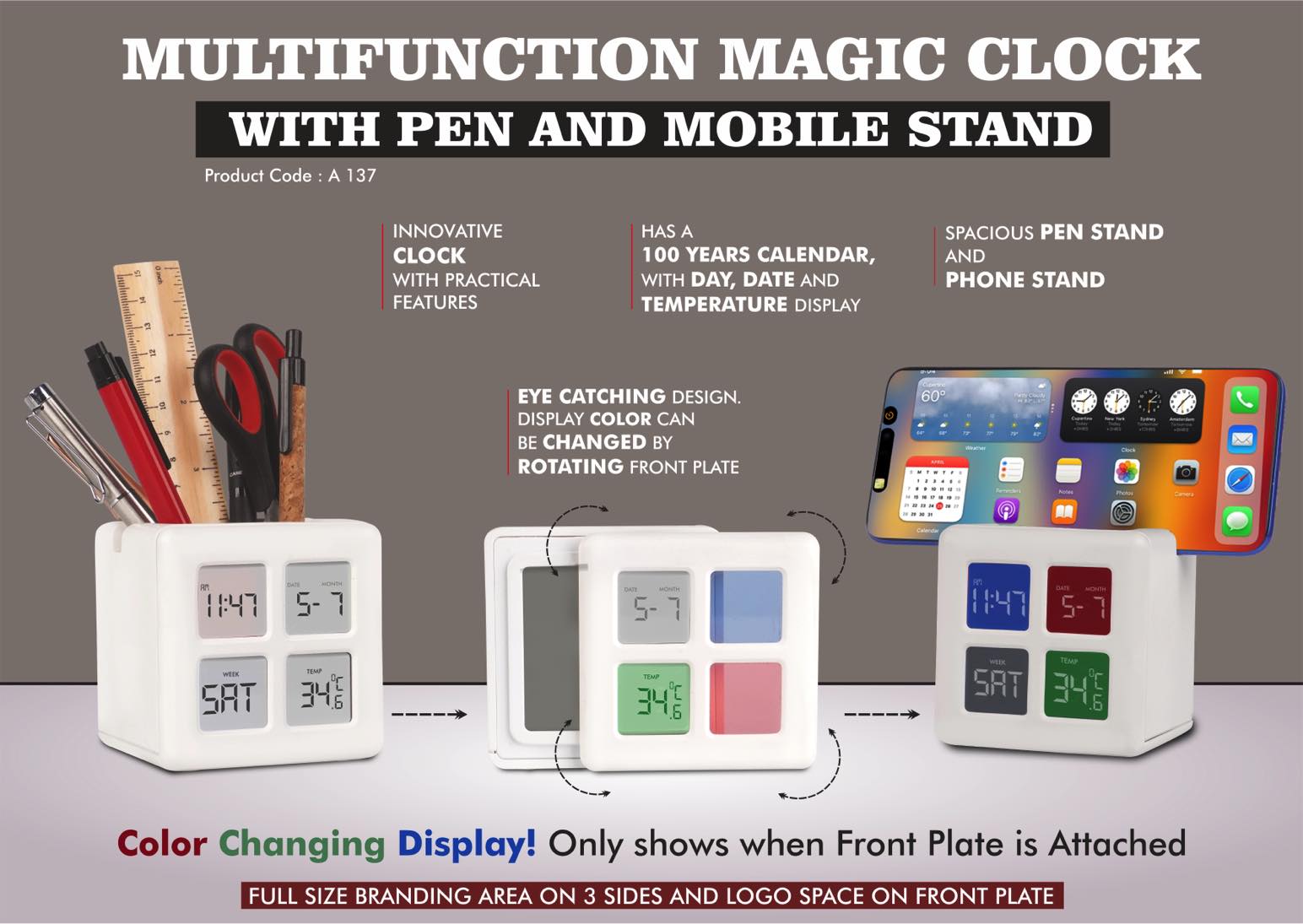 Multifunction Magic Table Clock with Tumbler | Color Changing
Display | Spacious Pen Stand with Phone stand -
https://youtu.be/YY-06igFAfc
