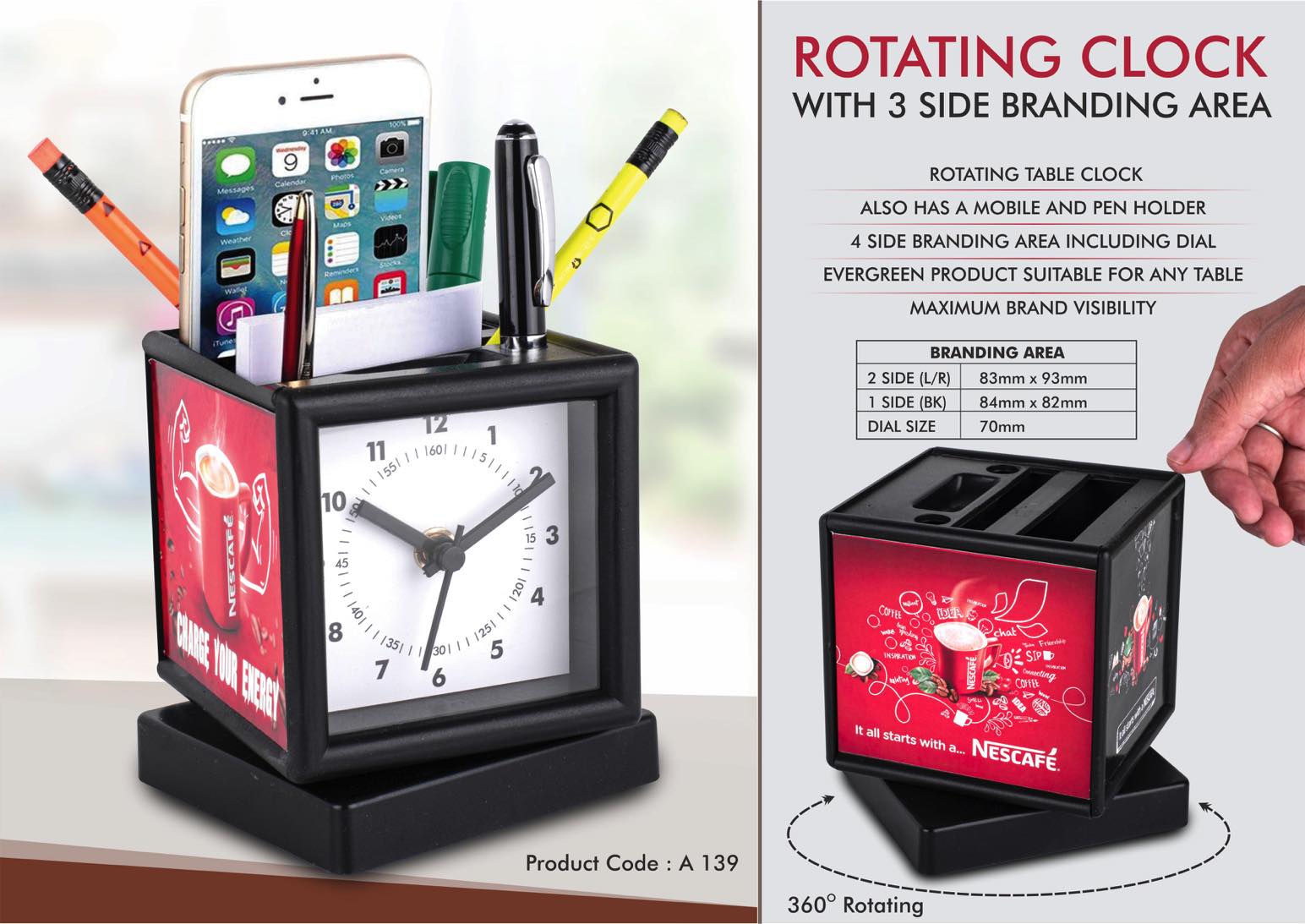 Rotating clock with 3 side branding area | Has pen stand & large
stationery holder | Branding included MOQ 500 pc