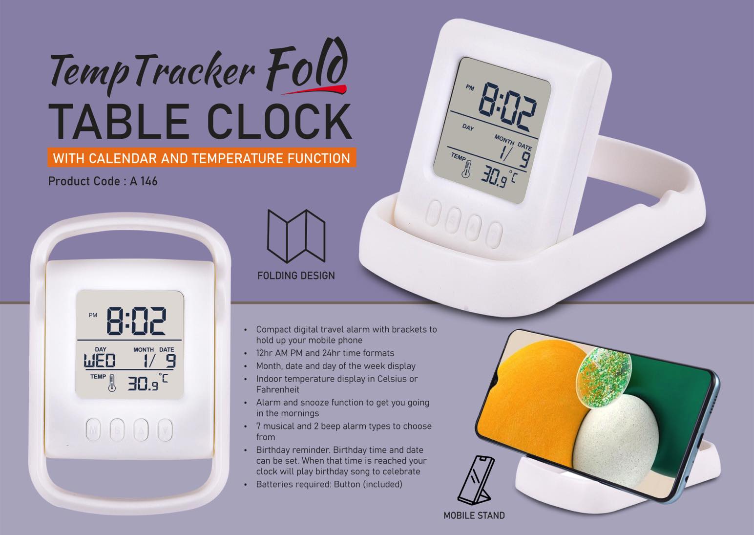 TempTracker Fold: Table Clock with Calendar and Temperature
function | Folding design | Mobile Stand function