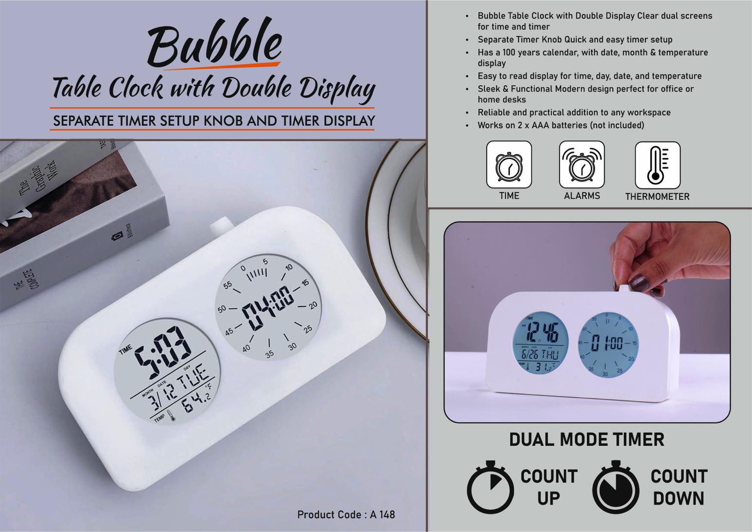 Bubble Table Clock with Double Display | Separate Timer setup
knob and Timer Display