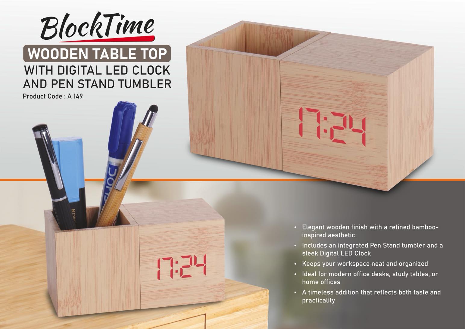 BlockTime: Wooden Table Top with Digital LED Clock and Pen
Stand tumbler