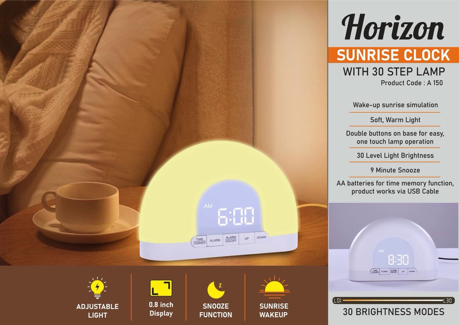 Horizon: Sunrise clock with 30 step Lamp | Easy press anywhere
function for light