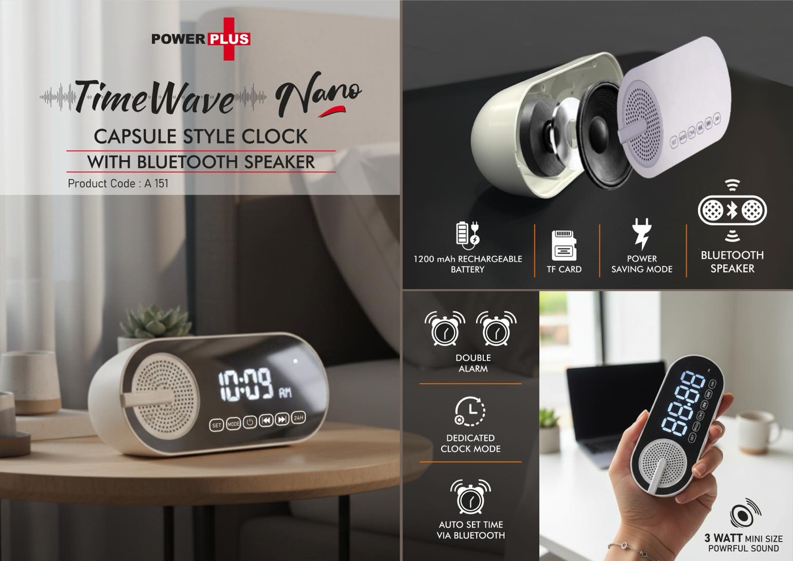 TimeWave Nano: Capsule style clock with Bluetooth speaker |
Mirror finish display | FM & TF card reader | 1200 mAh battery