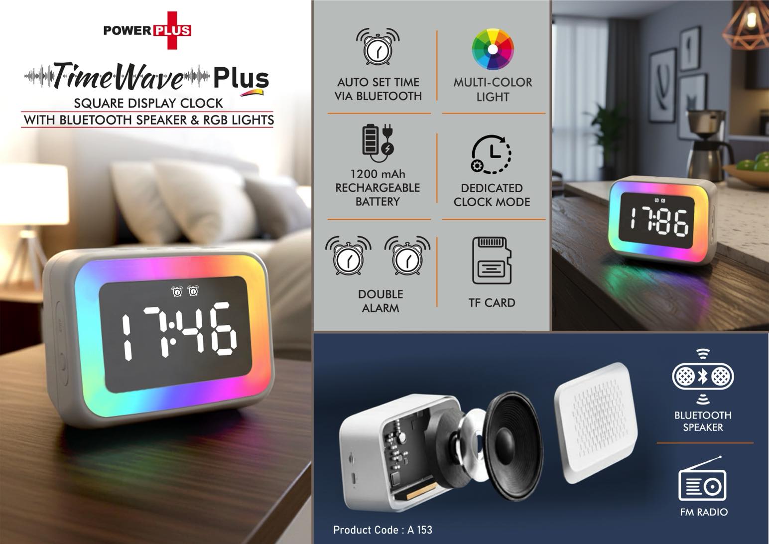 TimeWave Plus: Square display clock with Bluetooth speaker &
RGB Lights | Mirror finish display | FM & TF card reader | 1200
mAh battery