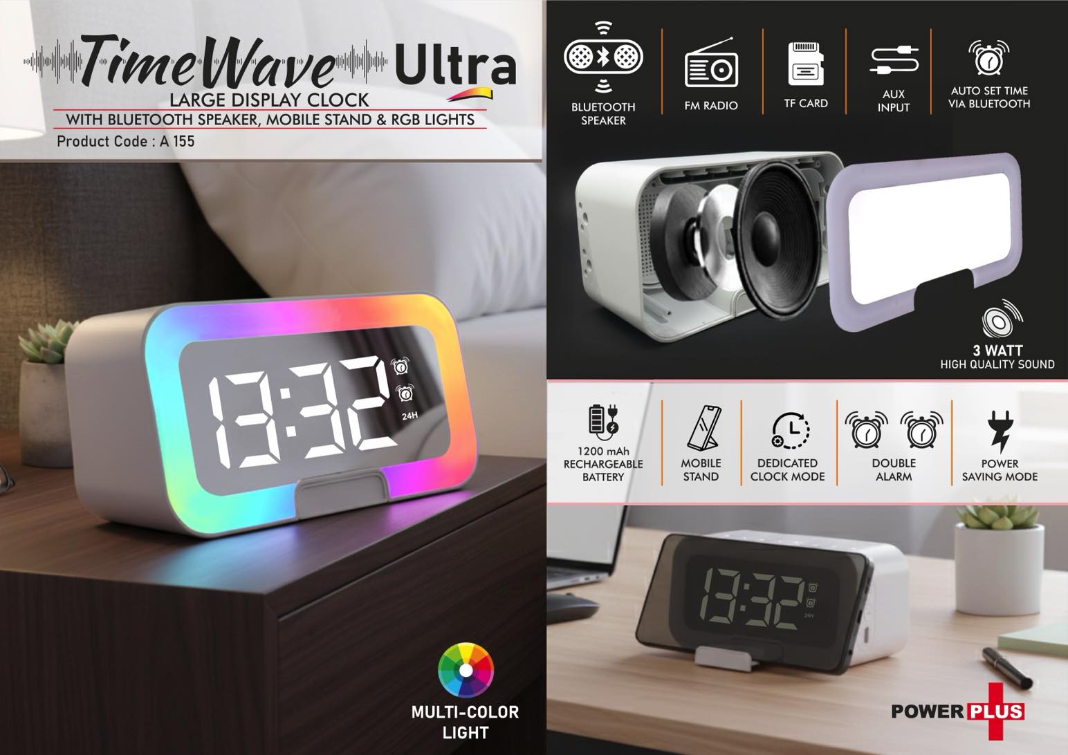 TimeWave Ultra: Large Clock with Bluetooth speaker, Mobile
Stand & RGB Lights | Mirror finish display | FM & TF card reader
| 1200 mAh battery -
https://youtu.be/JQ7iGHUyzLc