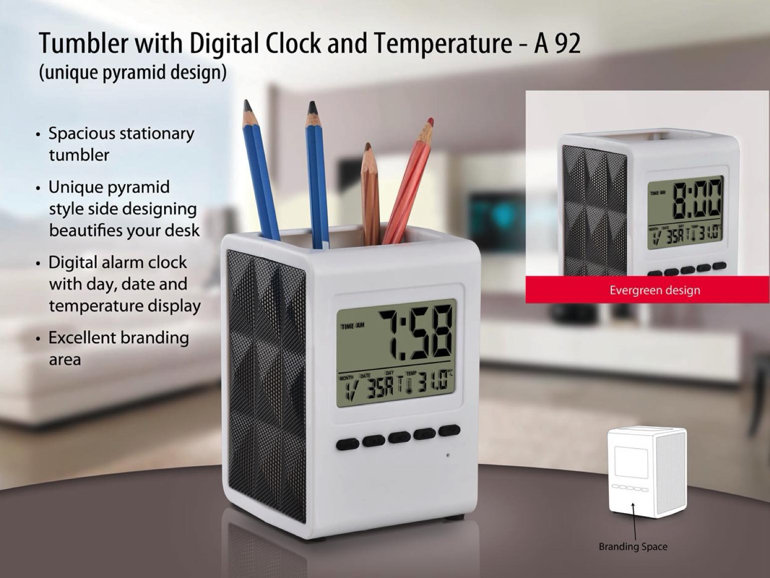 Tumbler with Digital Clock and Temperature | Unique Pyramid
Design