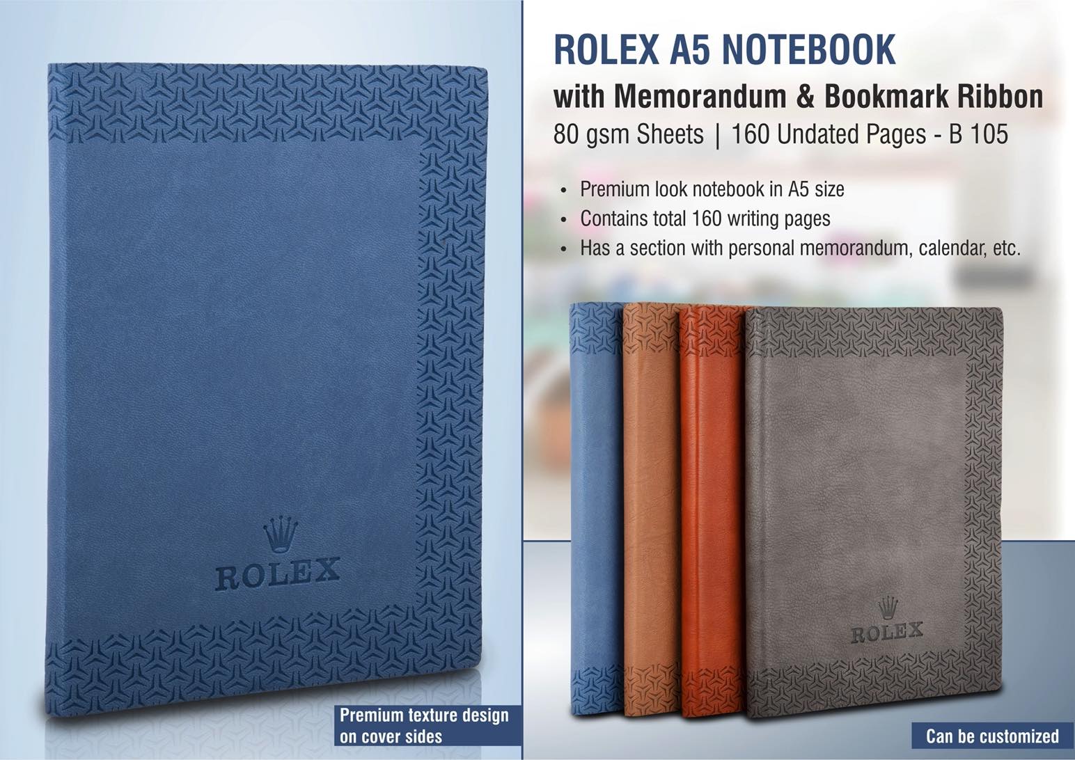Rolex A5 notebook with memorandum & Bookmark ribbon| 80
gsm sheets | 160 undated pages