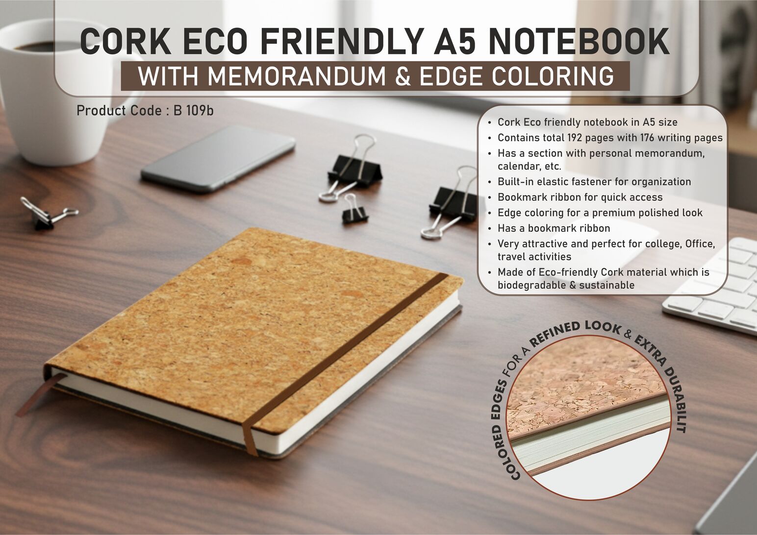 Cork Eco friendly A5 notebook with Memorandum & Edge
coloring | Elastic Fastener | 80 gsm sheets | 192 pages