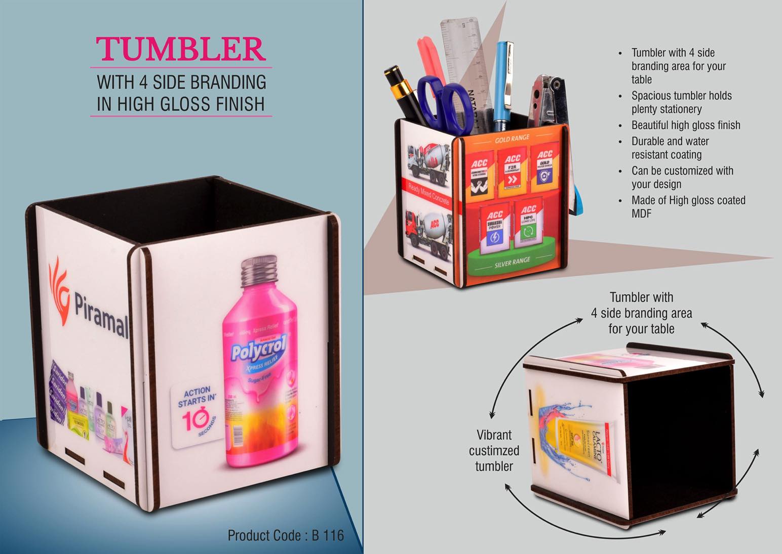 Tumbler with 4 side branding in high gloss finish | Branding
included MOQ 200 pc