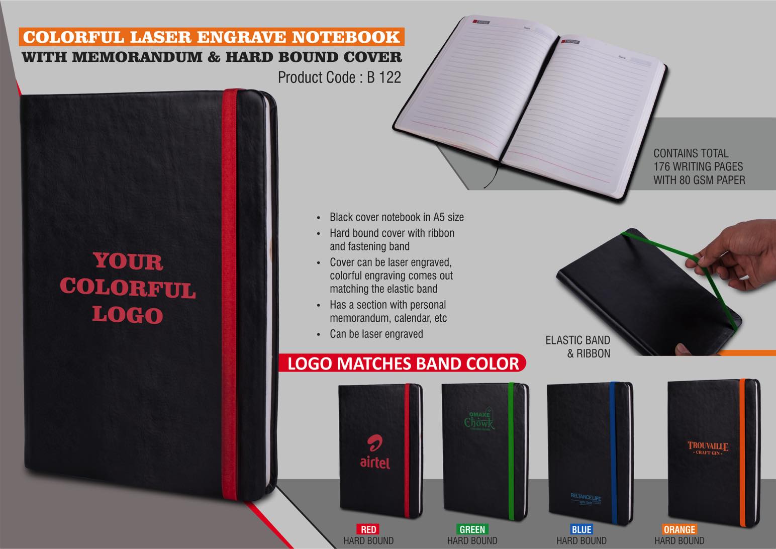 Colorful Laser engrave notebook with Memorandum & Hard
bound cover | Elastic band and ribbon | Logo matches band color