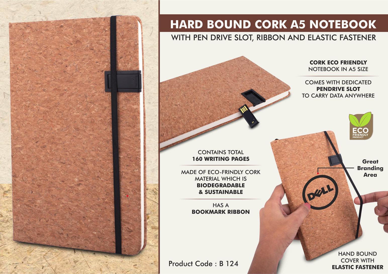 Hard bound Cork A5 notebook with Pen Drive Slot, Ribbon and
elastic fastener