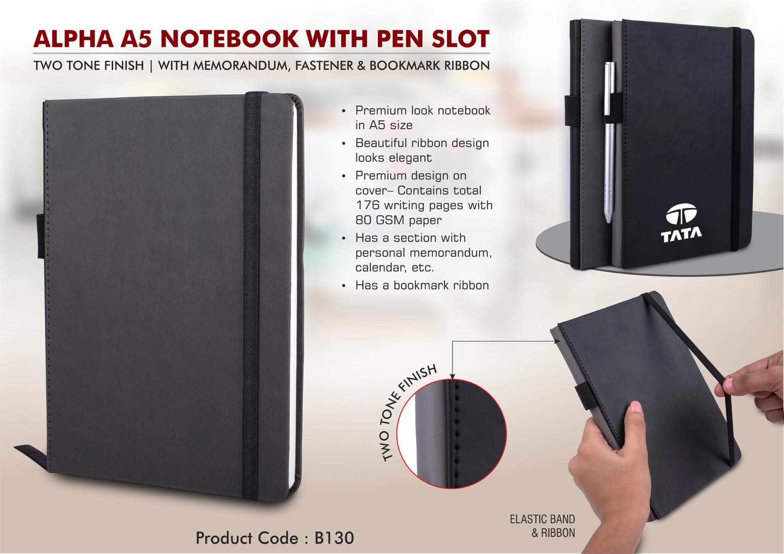 Alpha A5 notebook with Pen Slot | Two tone finish | With
memorandum, Fastener & Bookmark ribbon