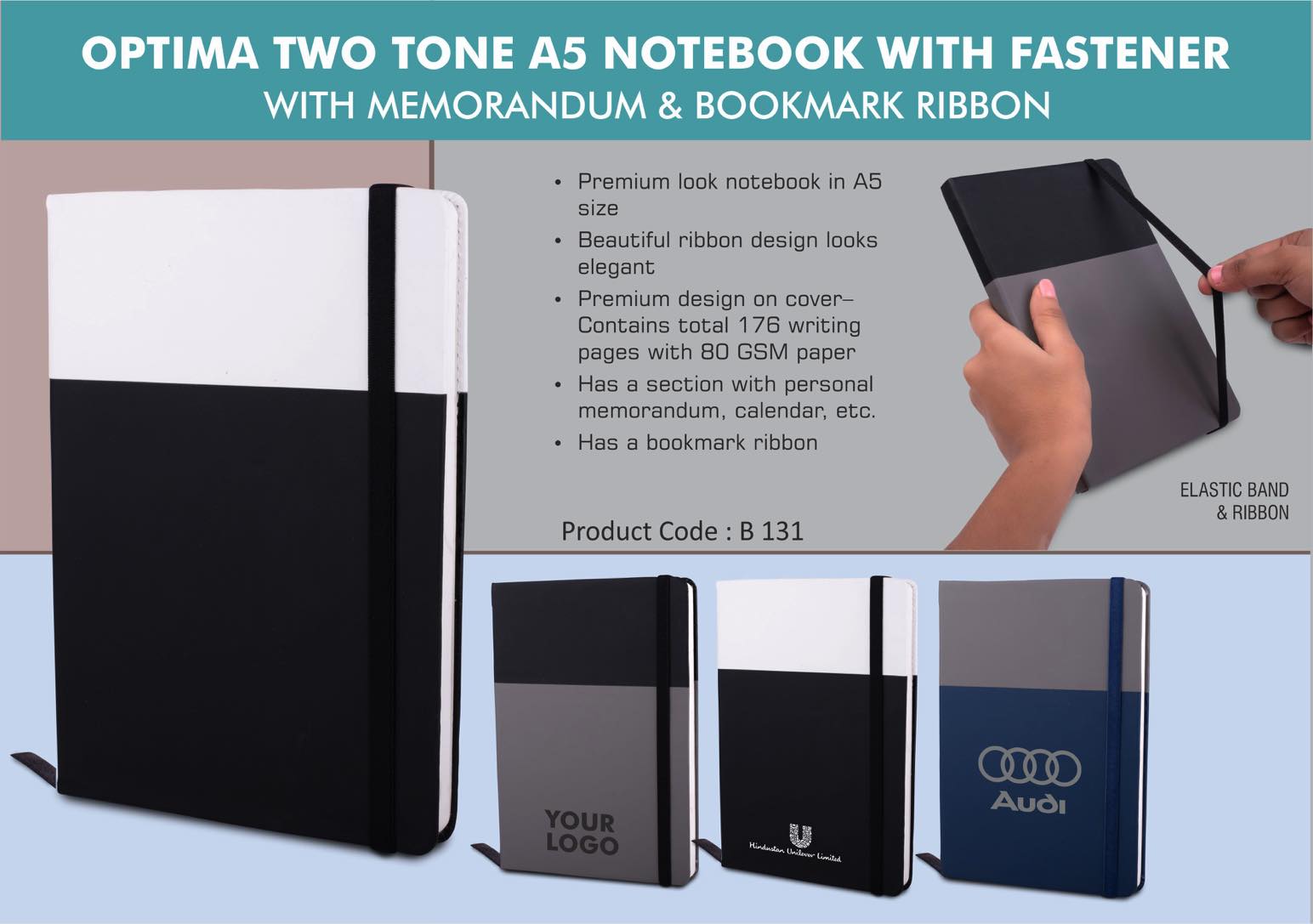 Optima Two tone A5 notebook with Fastener | With
memorandum & Bookmark ribbon