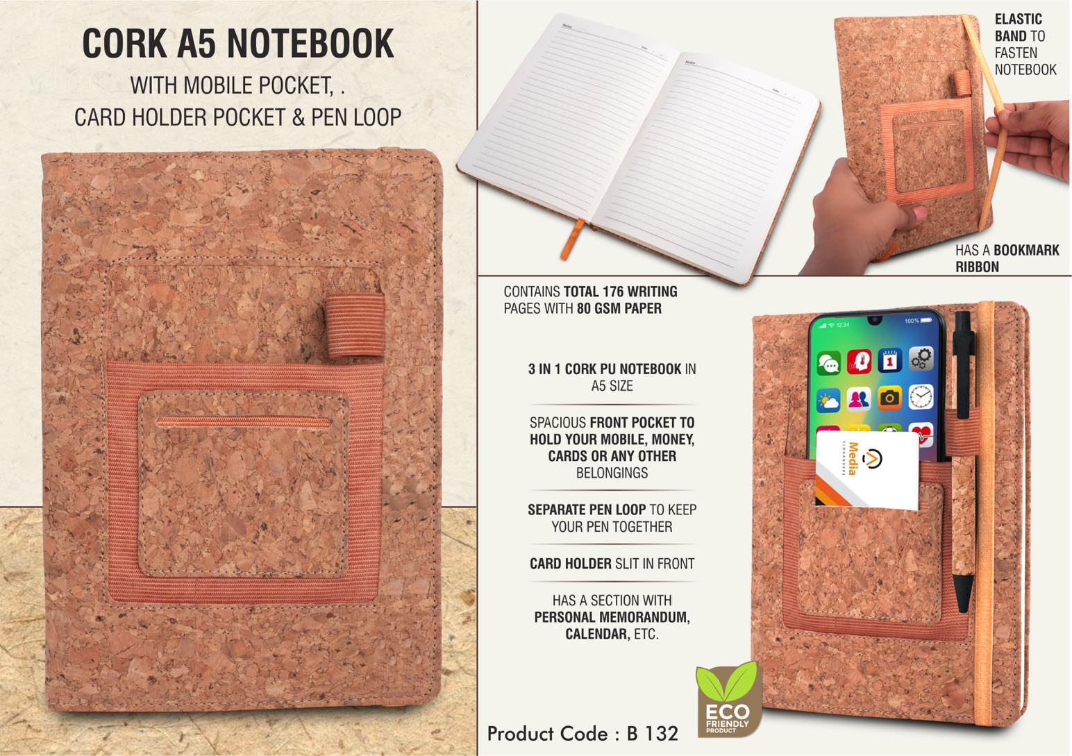 Cork A5 notebook with mobile pocket, card holder pocket & pen
loop