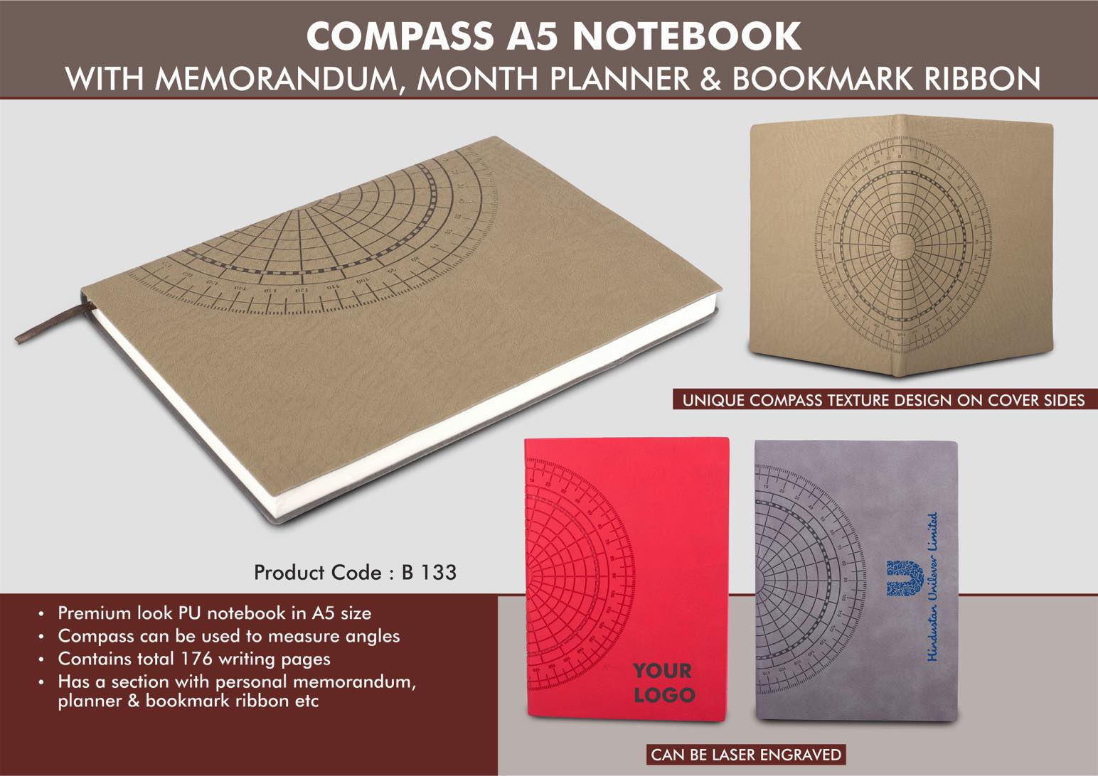 Compass A5 notebook with memorandum, month planner &
bookmark ribbon | 176 writing pages