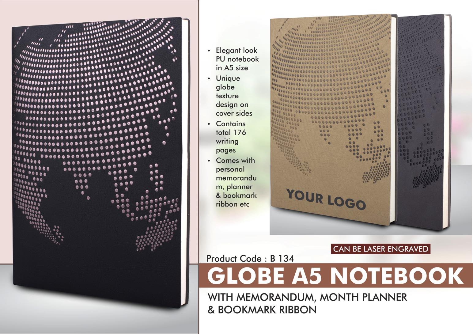 Globe A5 notebook with memorandum, month planner &
bookmark ribbon | 176 writing pages