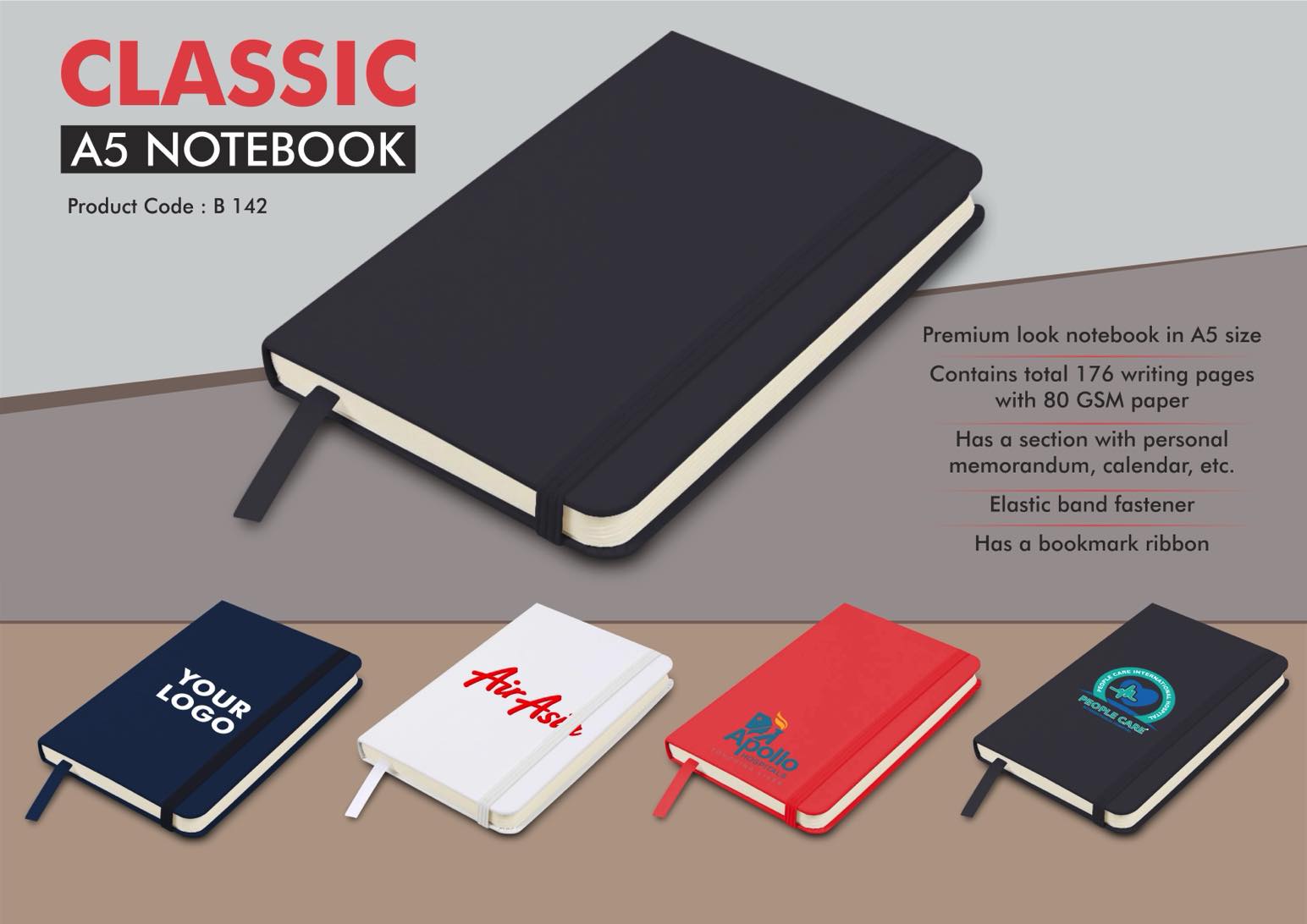 Classic A5 notebook with Fastener | Hard bound cover | Pages
with memorandum, month planner & bookmark ribbon - Imported