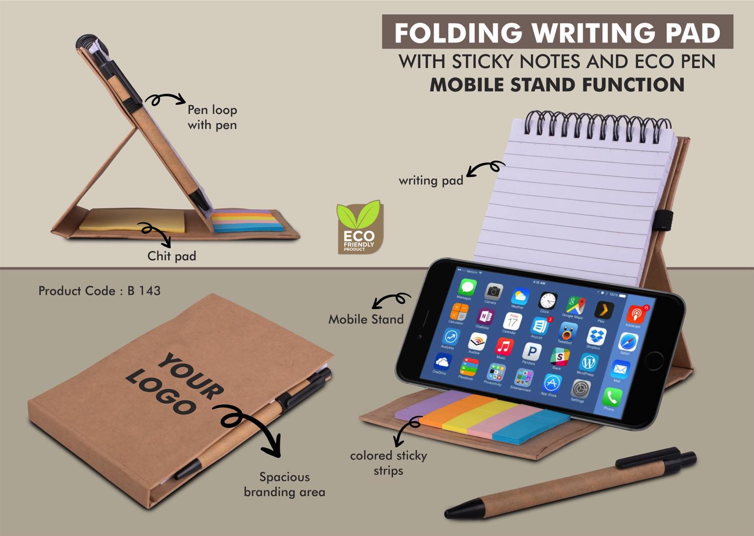 Folding writing pad with Sticky notes and Eco pen | Mobile stand
function