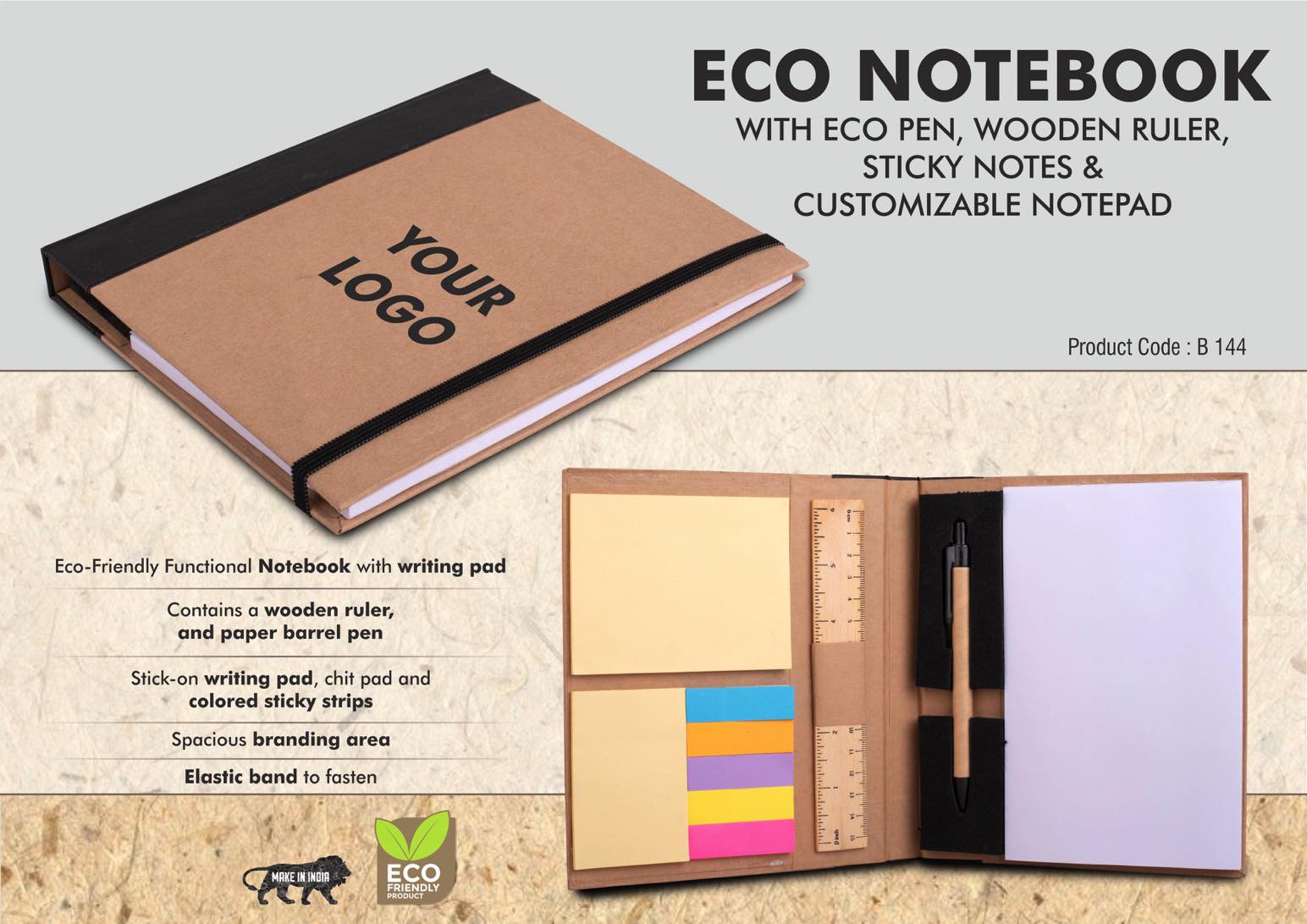 Eco Notebook with Eco Pen, Wooden Ruler and Sticky notes |
Customizable notepad