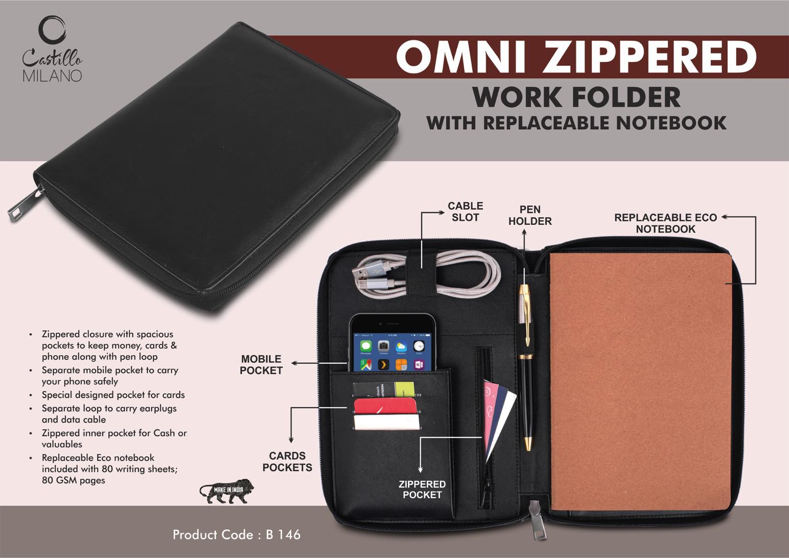 Omni Zippered Work folder with Notebook | Pockets for cards,
phone, pen, cables, etc
