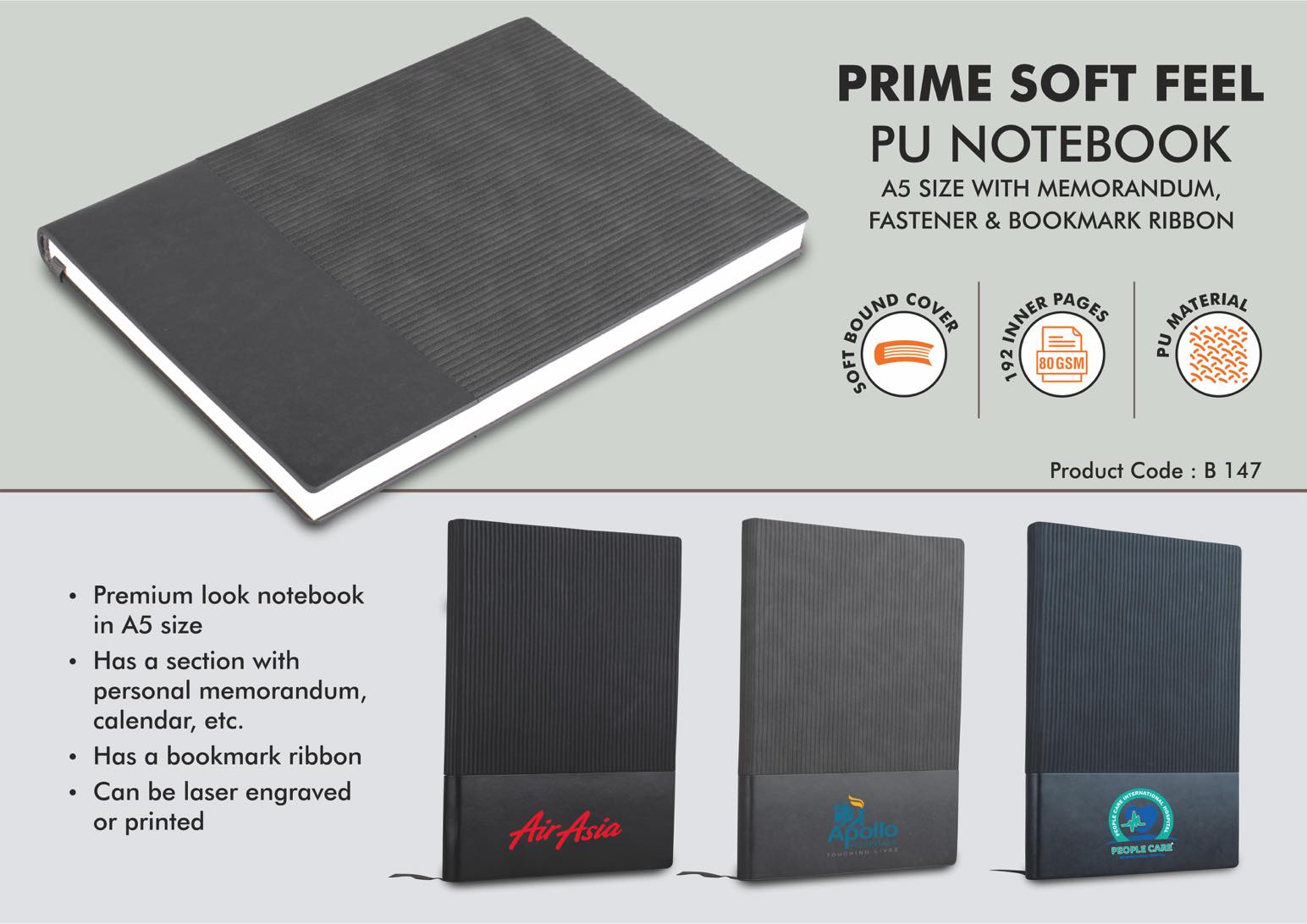 Prime Soft feel PU notebook | A5 size | With memorandum &
Bookmark ribbon