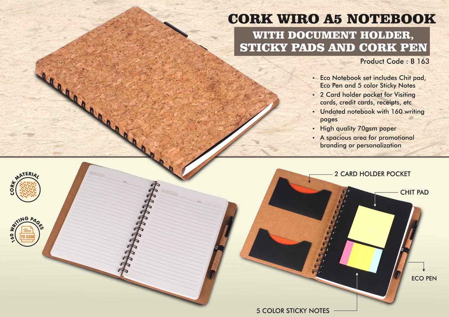 Cork Wiro notebook with Document Holder, Sticky pads and
Cork Pen | A5 size