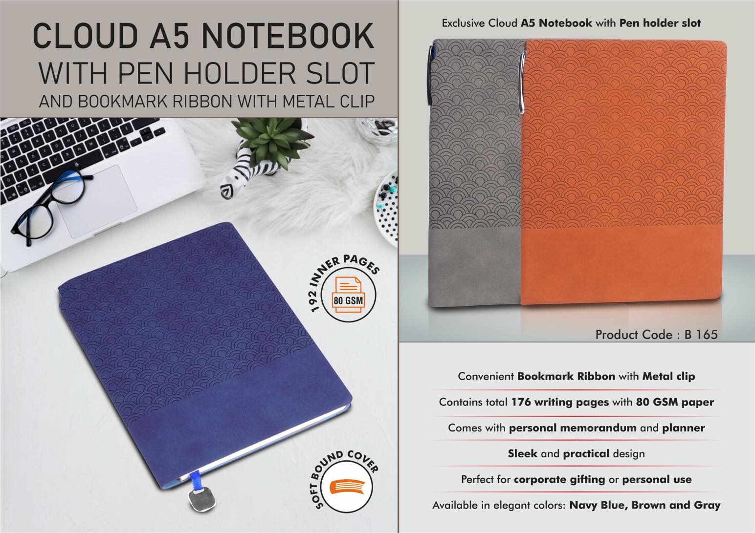 Cloud A5 Notebook with Pen holder slot and Bookmark Ribbon
with Metal clip
