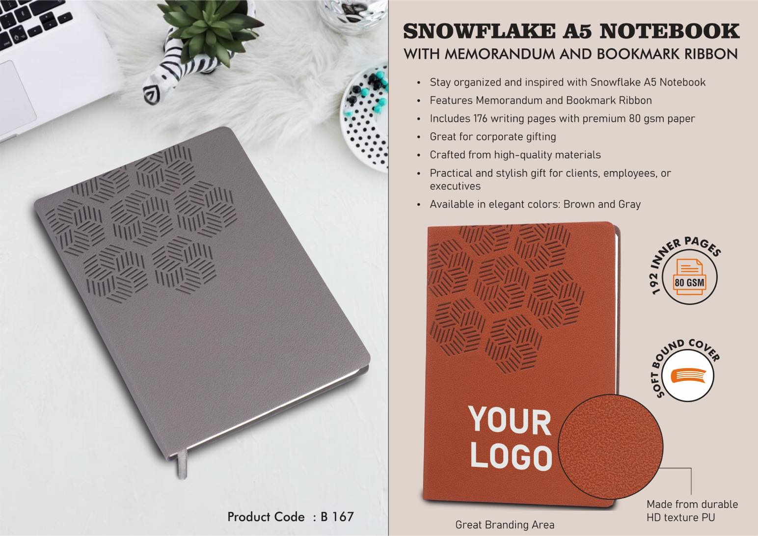 Snowflake A5 Notebook with Memorandum and Bookmark
Ribbon | HD texture PU