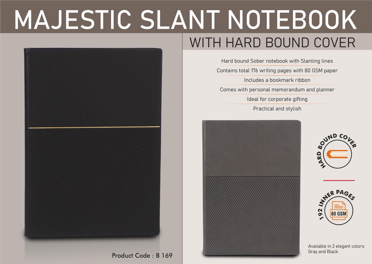 Majestic Slant Notebook with Hard bound cover | Includes
Memorandum and Bookmark Ribbon