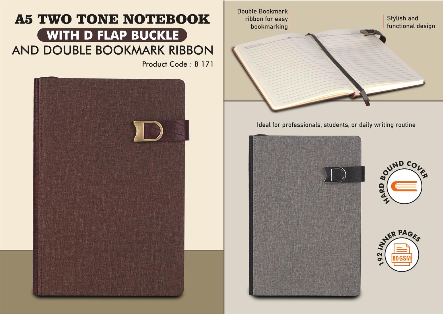 A5 Two Tone Notebook with D Flap buckle and Double
Bookmark Ribbon