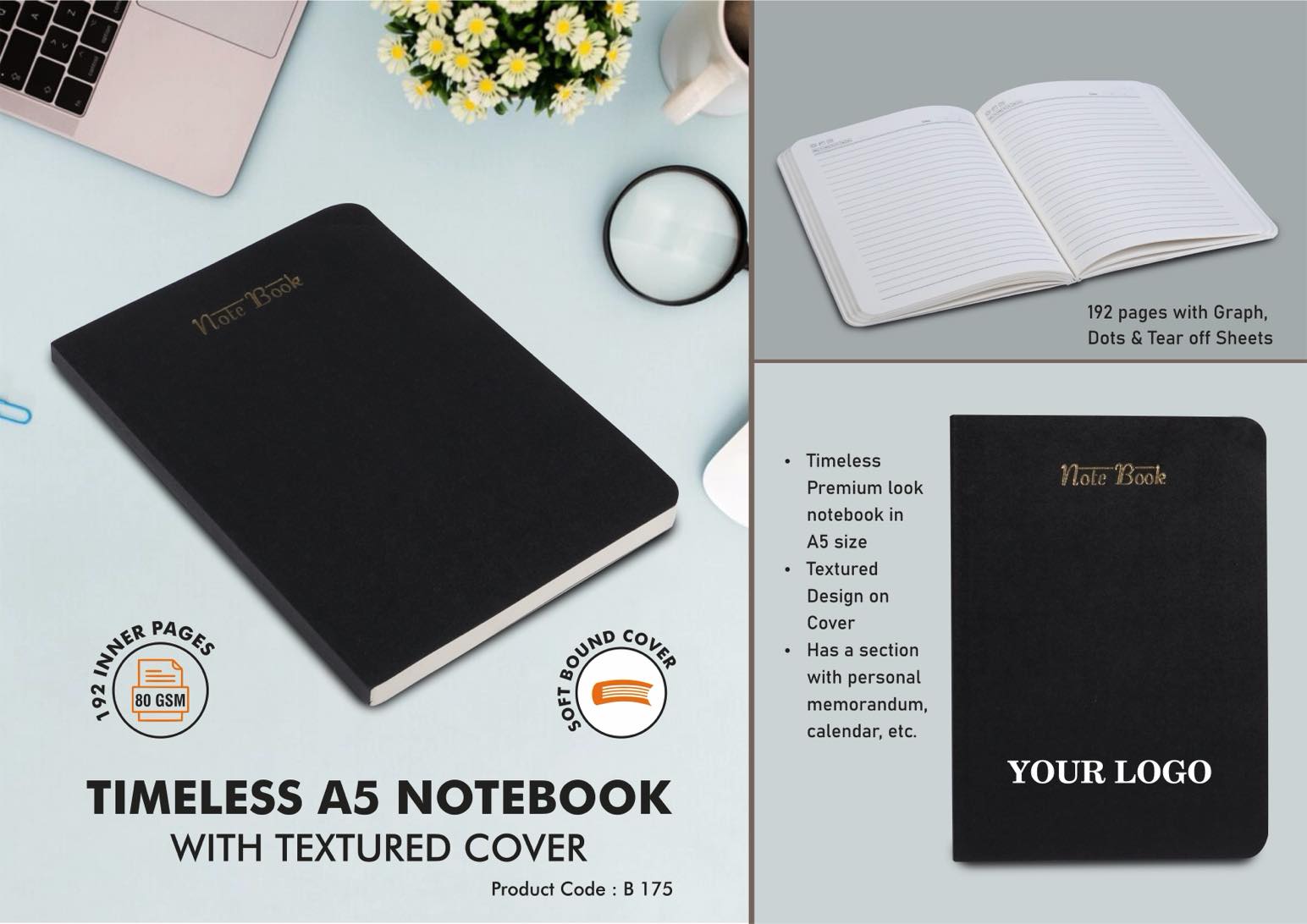 Timeless A5 notebook with textured cover | 192 pages with
Graph, Dots & Tear off Sheets