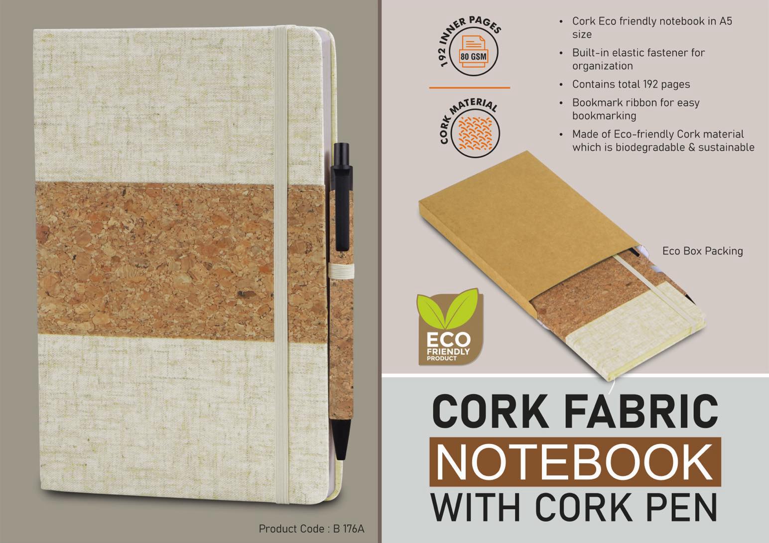 Cork fabric notebook with Cork Pen | 200 writing sheets | Comes
in Eco box