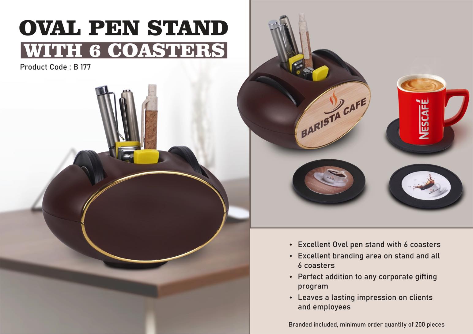 Oval Pen stand with 6 coasters | Branding included MOQ 200 pc