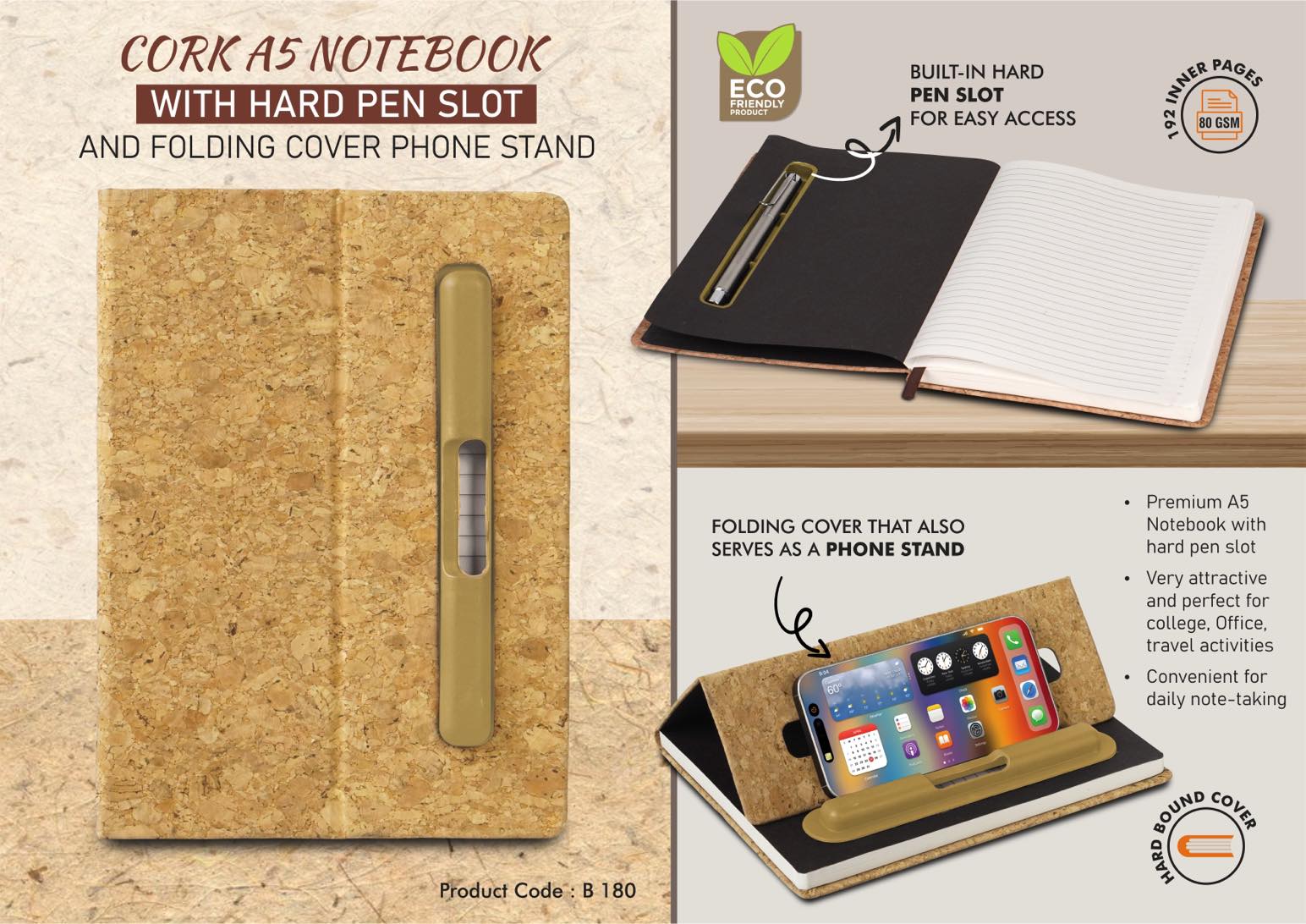 Cork A5 Notebook with Hard pen slot and Folding cover Phone
Stand
