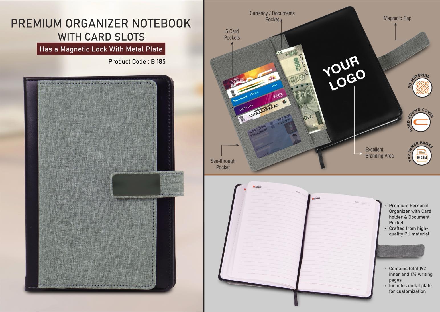 Premium Organizer notebook with card slots | Magnetic Lock
with Metal plate