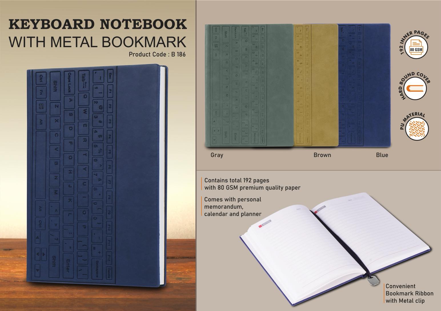 Keyboard notebook with metal Bookmark | Hard bound cover