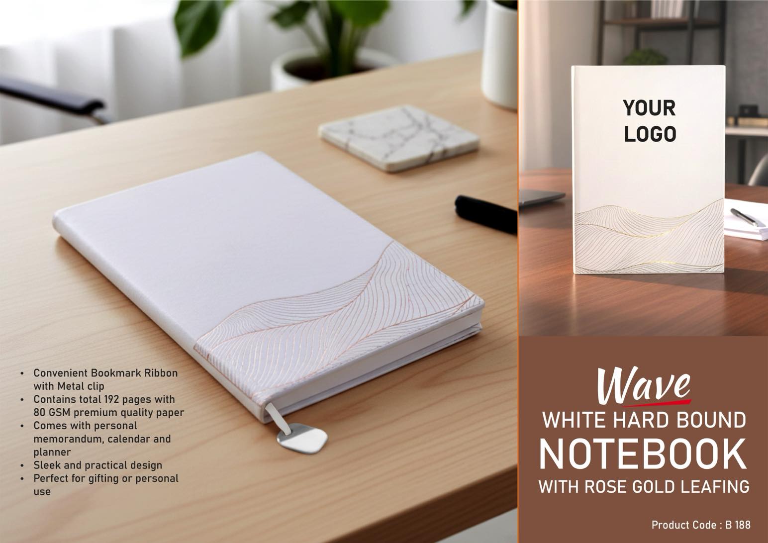 Wave White Hard bound notebook with Rose gold leafing | A5
size | With memorandum & Metal Bookmark ribbon