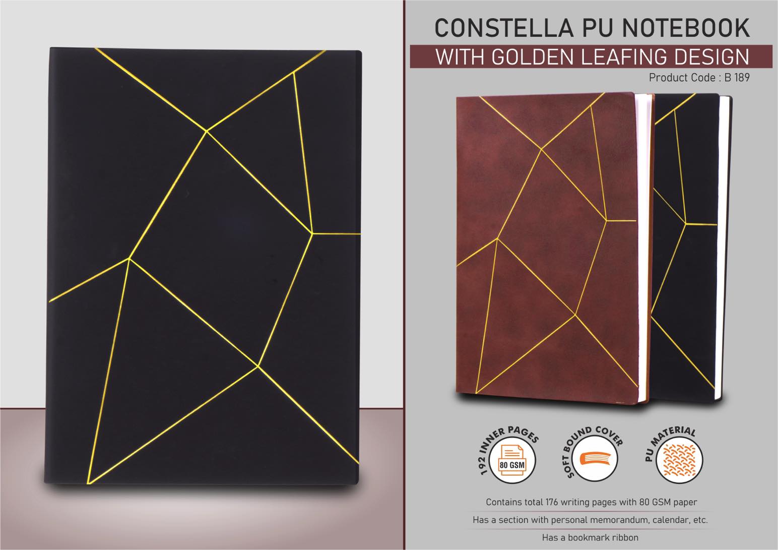 Constella PU notebook with Golden leafing | With Memorandum
and Bookmark Ribbon