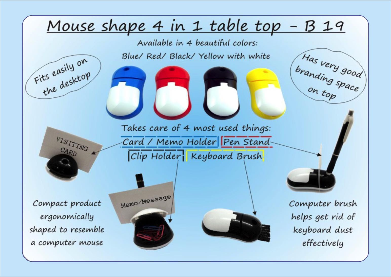 Mouse shape 4 in 1 table top (with pen holder, memo holder,
paper clip holder & keyboard cleaning brush)