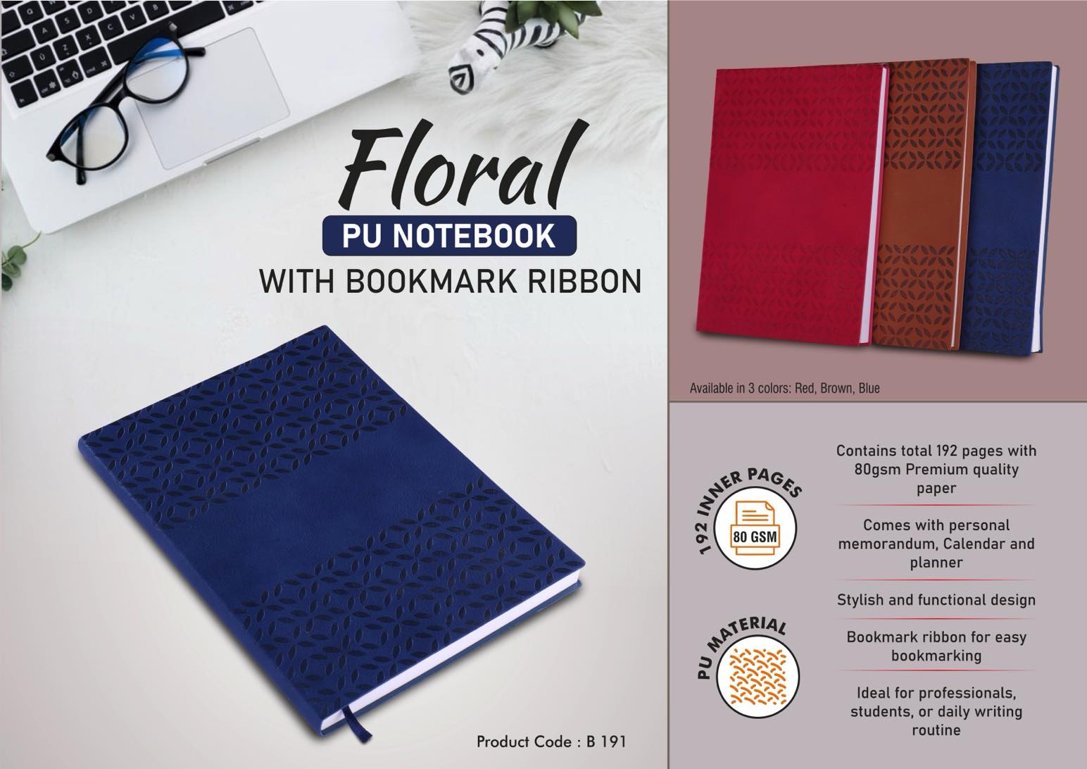 Floral PU notebook with bookmark ribbon
