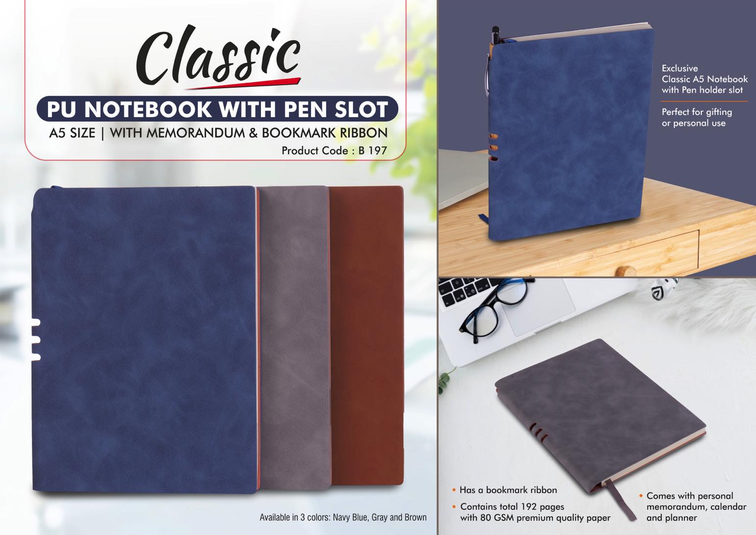 Classic PU notebook with Pen slot | A5 size | With memorandum
& Bookmark ribbon