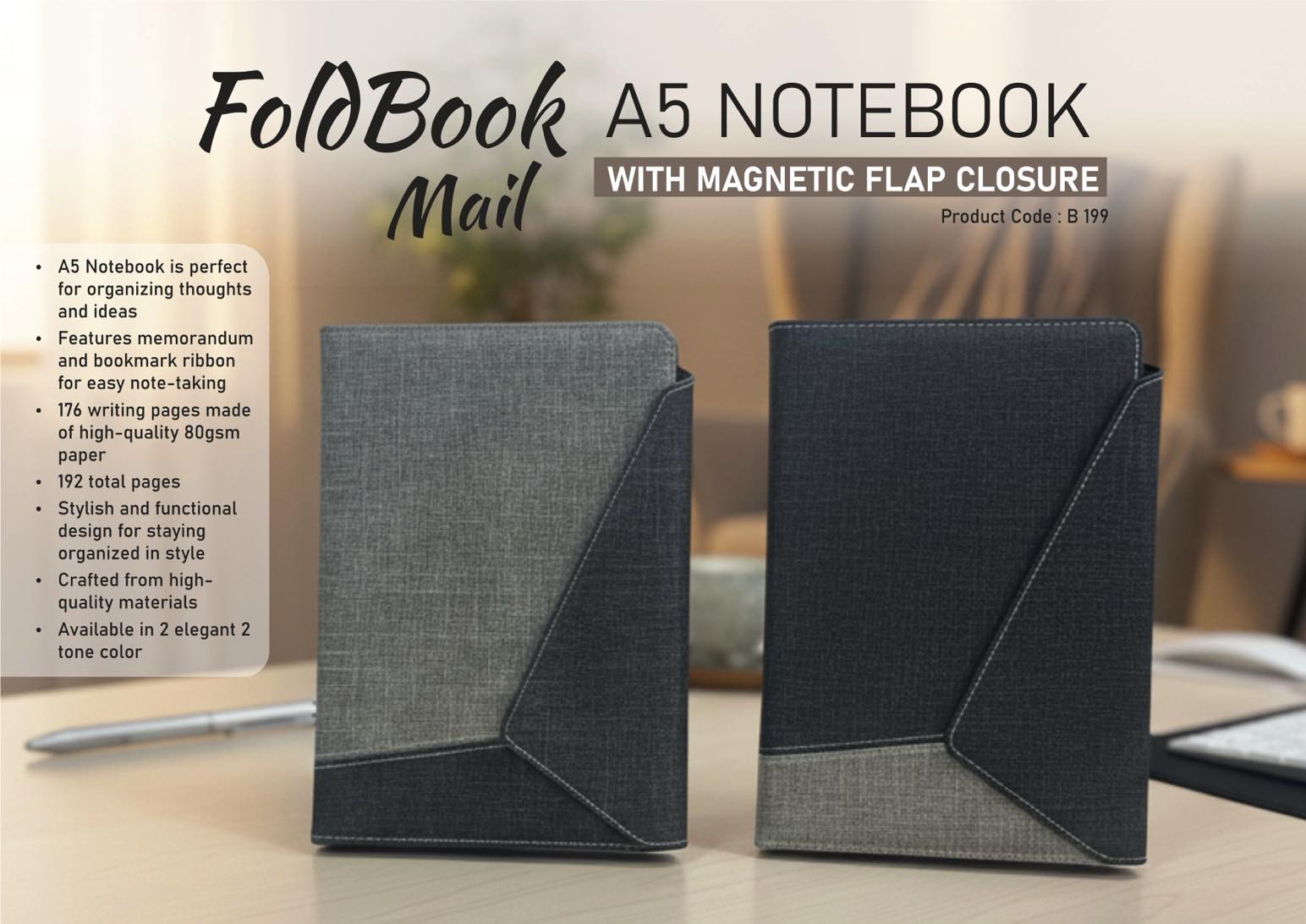 FoldBook Mail: A5 Notebook with magnetic flap closure |
Envelope design | A5 size | With memorandum & Bookmark
ribbon