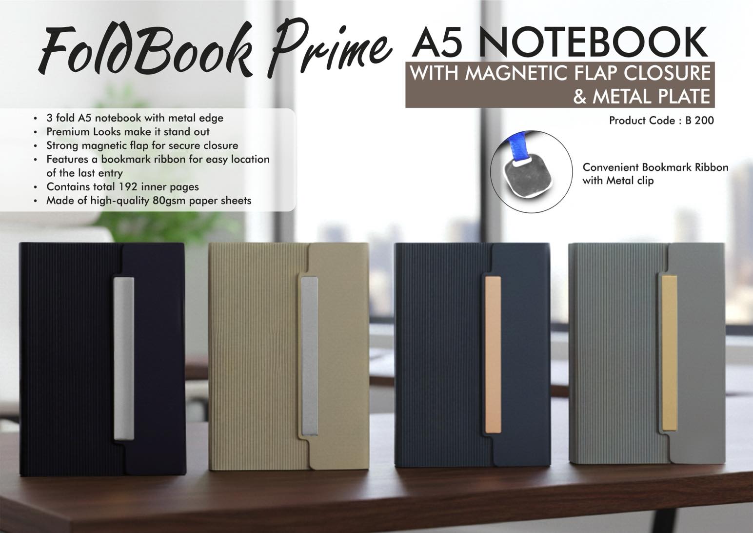 FoldBook Prime: A5 Notebook with magnetic flap closure &
Metal Plate | A5 size | With memorandum & Bookmark ribbon